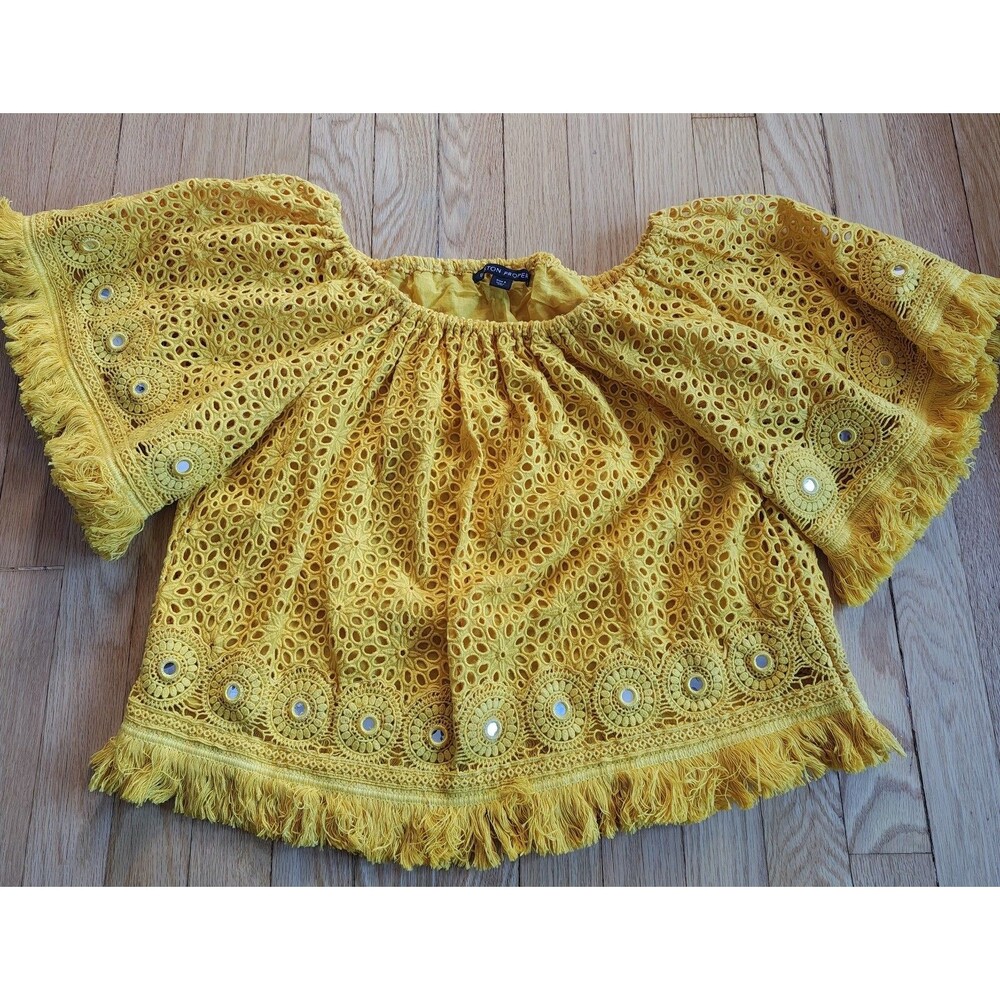 Boston Proper Off Shoulder Crochet Top Yellow Women Small Boho Lace Knit Blouse